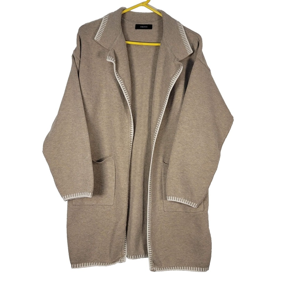 Dokotoo Cardigan Womens L Beige Open Front Knit Sweater Pockets Trim Cozy Winter